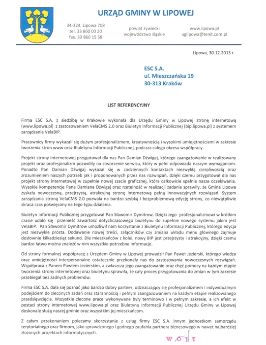 list referencyjny od Gminy Lipowa